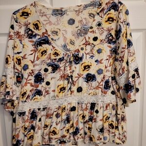 Maurices Yellow and Blue Floral Lace Blouse Sz. 1X